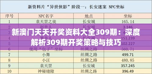 新澳门天天开奖资料大全309期：深度解析309期开奖策略与技巧